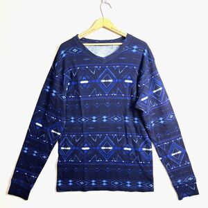 LL‎ BEAN Sweater Mens Large Thermal Knit Cotton Blue Aztec Print Long Sleeve Top